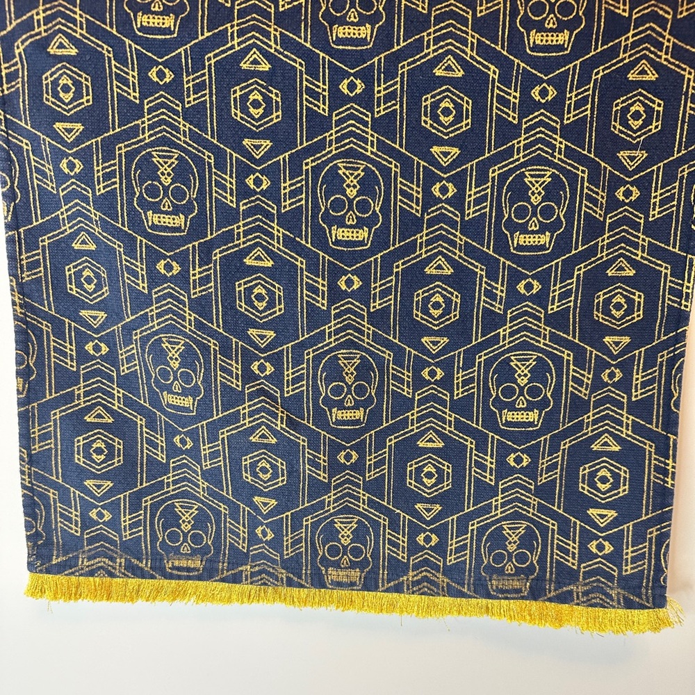 Joann Navy Blue and Gold Skull Aztec Print Mantle Scarf Decor With Gold Fringe